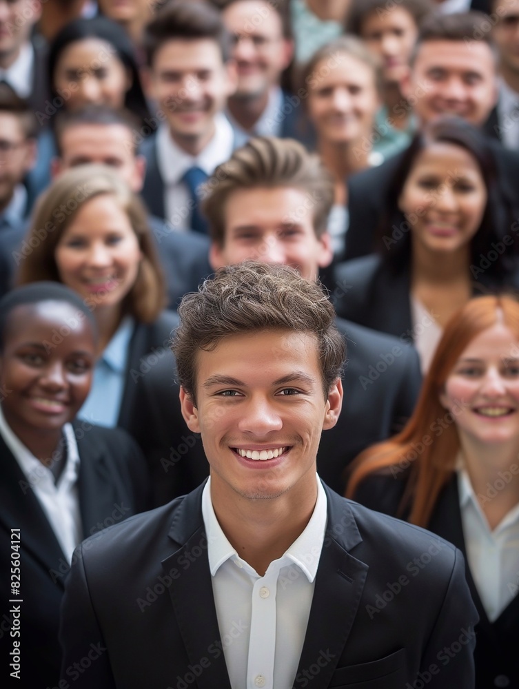 A group of business people are smiling, with one young businessman in the center of the frame facing forward. The crowd is standing and diverse, in business attire. generative AI A group of business people are smiling, with one young businessman in the center of the frame facing forward. The crowd is standing and diverse, in business attire. generative AI