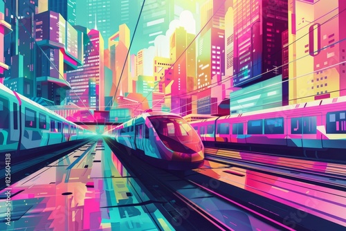 Colorful illustration of a modern cityscape with advanced trains in motion, showcasing urban life