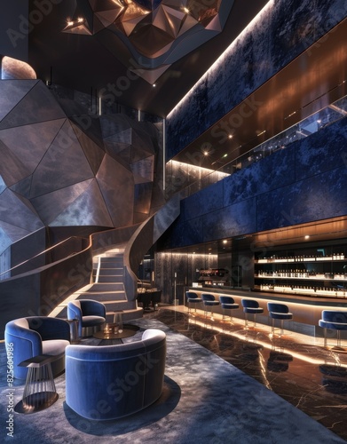 A large room with a spiral staircase and blue chairs