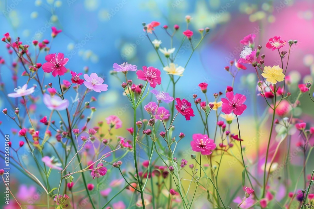 Lush field of colorful wildflowers against a vivid, bokeh backdrop