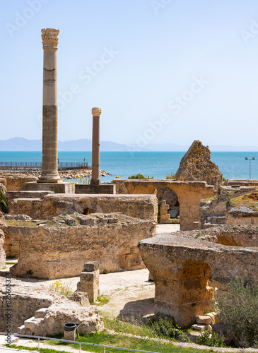 Sunlit Roman Baths of Antoninus ruins in Carthage on seashore, featuring remnants of marble Corinthian columns and stone structures against backdrop of blue serene waters of Mediterranean sea, Tunisia