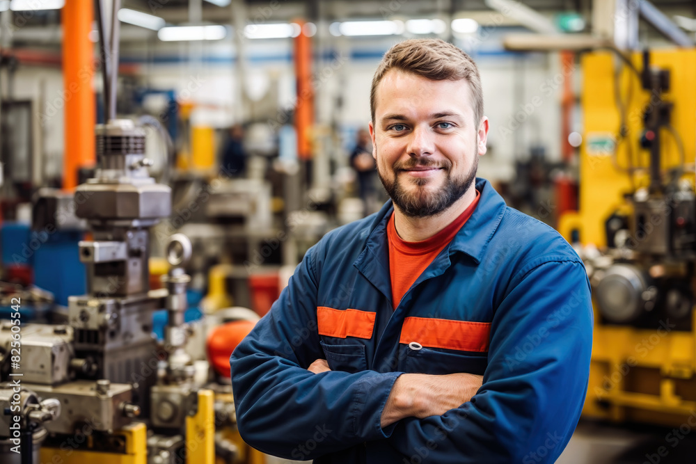 Smiling male engineer in workwear stands confidently in a factory setting