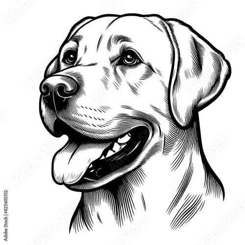 Happy Labrador retriever portrait, black and white vector sketch isolated on transparent background
