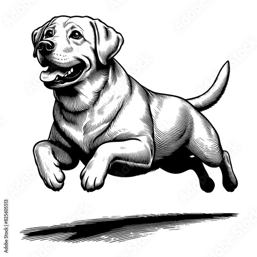 Happy Labrador retriever in full-body, black and white vector sketch isolated on transparent background