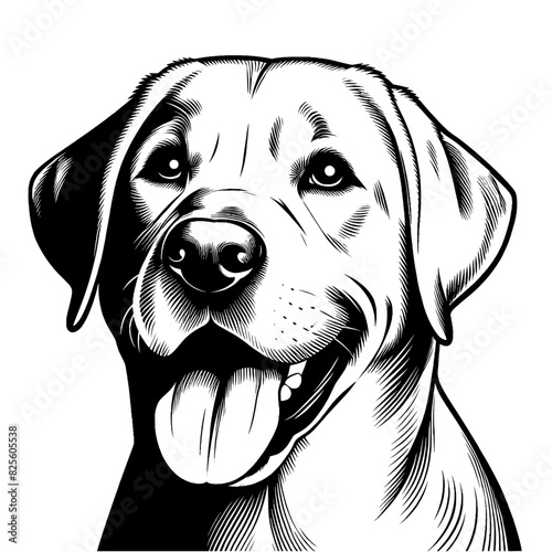 Happy Labrador retriever portrait, black and white vector sketch isolated on transparent background