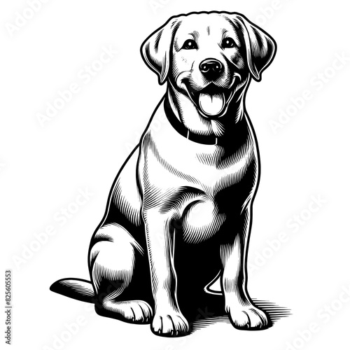 Happy Labrador retriever in full-body, black and white vector sketch isolated on transparent background