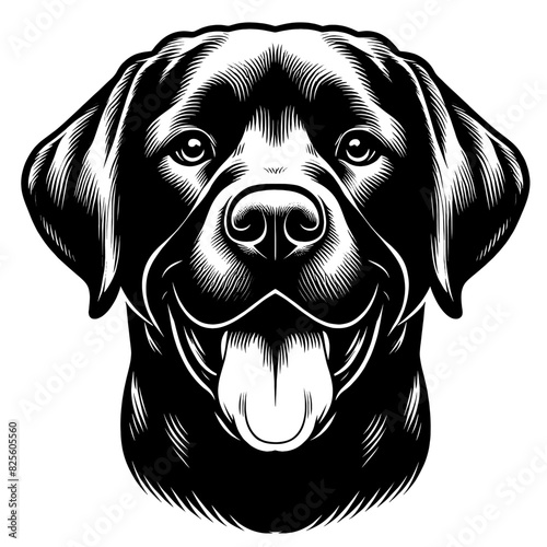 Happy Labrador retriever portrait, black and white vector sketch isolated on transparent background