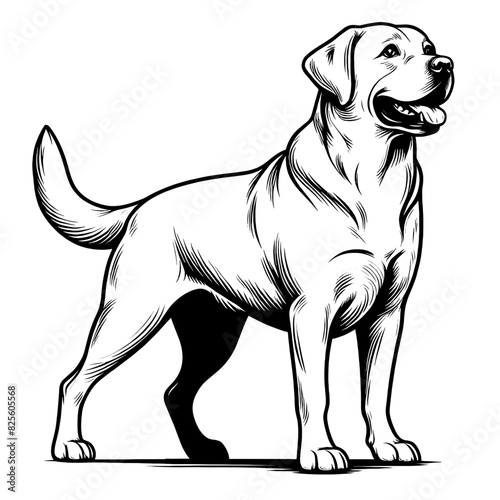 Happy Labrador retriever in full-body, black and white vector sketch isolated on transparent background