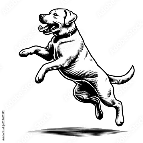 Happy Labrador retriever in full-body, black and white vector sketch isolated on transparent background