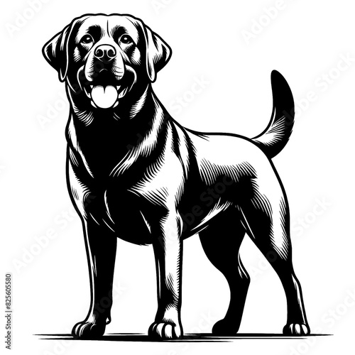 Happy Labrador retriever in full-body, black and white vector sketch isolated on transparent background