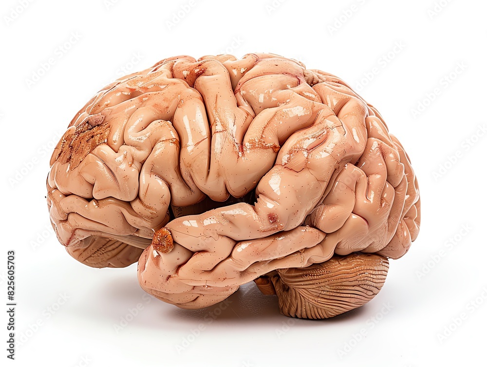 Close-up of the human brain, highlighting the complex folds and structures, set against a clean white background Close-up of the human brain, highlighting the complex folds and structures, set against a clean white background