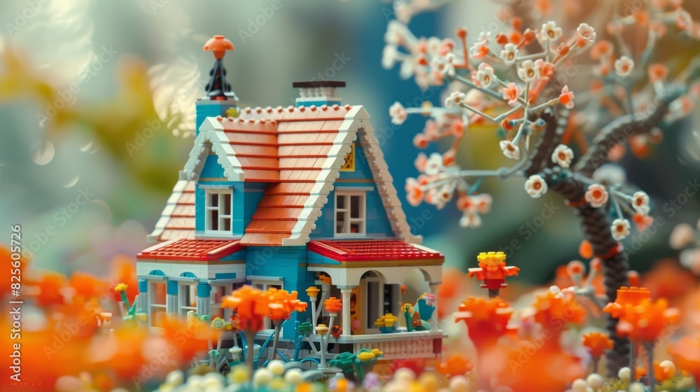 A real photography of miniature of a house made of Lego in fun theme color. Cute miniature 