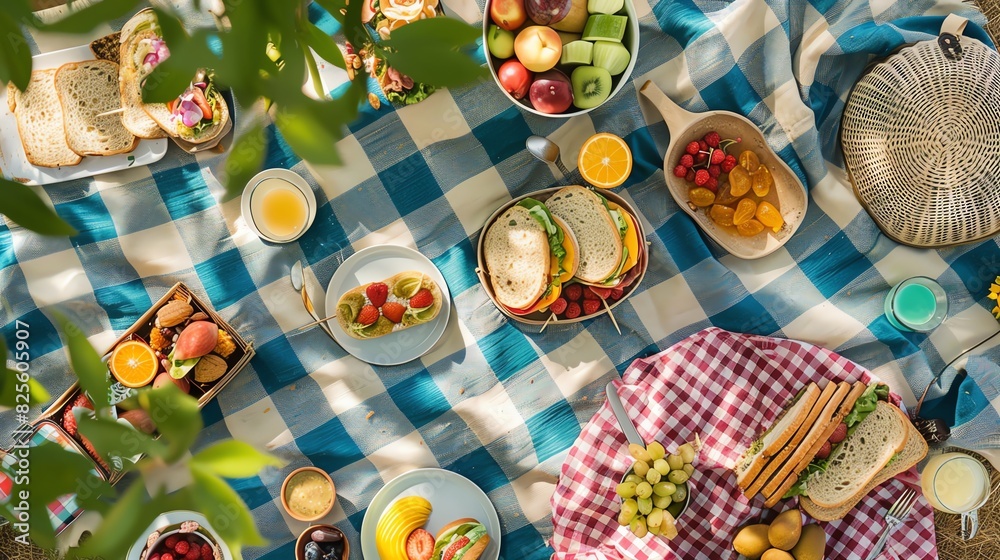 Obraz premium A delightful picnic setup in a park, featuring cute food items like sandwiches, fruits, and pastries arranged on a checkered blanket, with colorful picnic accessories