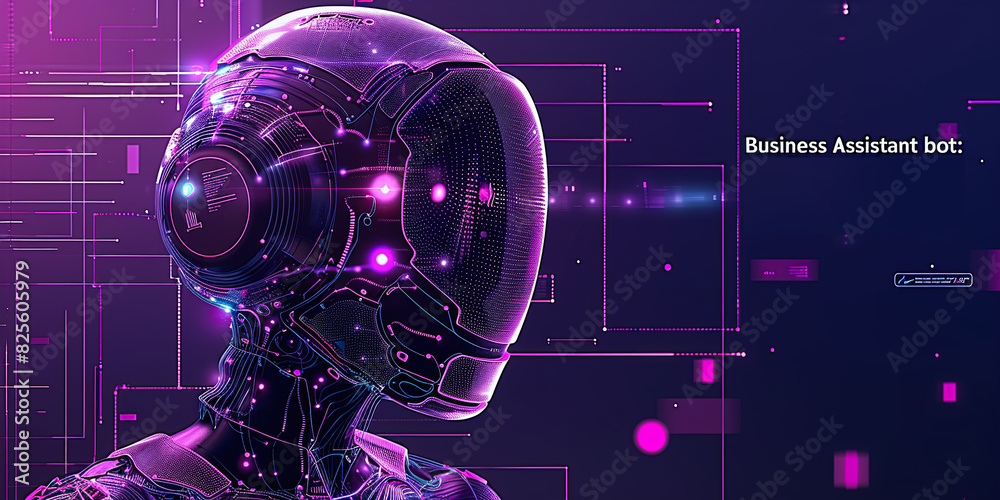 3D vector illustration of business assistant bot, purple colors, deep metaverse, ai assistance