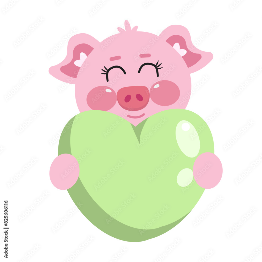 Cute kawaii smiling pig cartoon animal holding a big green heart. Little animals in love. Illustration for kids Cute kawaii smiling pig cartoon animal holding a big green heart. Little animals in love. Illustration for kids