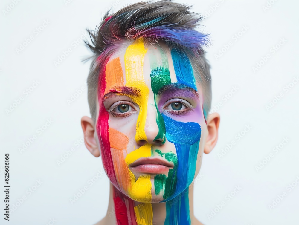 A portrait of a non-binary individual with a rainbow face paint, standing confidently against a white background A portrait of a non-binary individual with a rainbow face paint, standing confidently against a white background