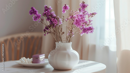 Flowers in vase as bouquet at coffee table in living room interior 