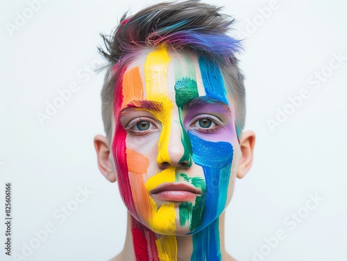 A portrait of a non-binary individual with a rainbow face paint  standing confidently against a white background