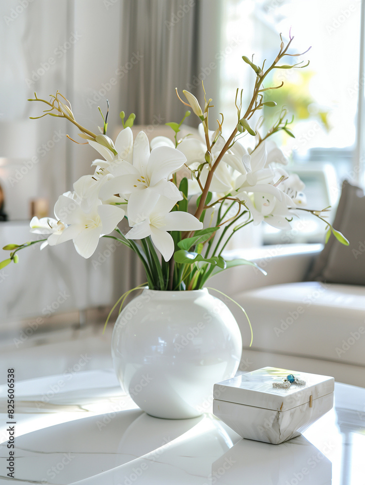 White flowers in vase as bouquet at coffee table in living room interior White flowers in vase as bouquet at coffee table in living room interior