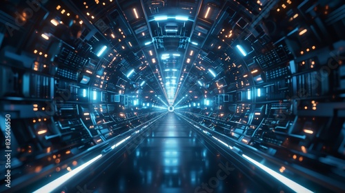 Futuristic tunnel with neon lights, long metallic pathway, and a glowing circular portal at the end.  background with copy space photo