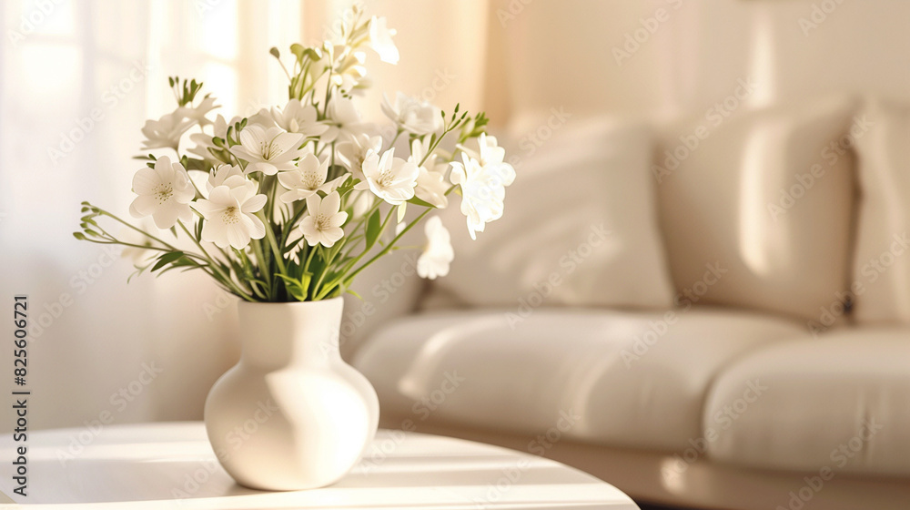 White flowers in vase as bouquet at coffee table in living room interior White flowers in vase as bouquet at coffee table in living room interior