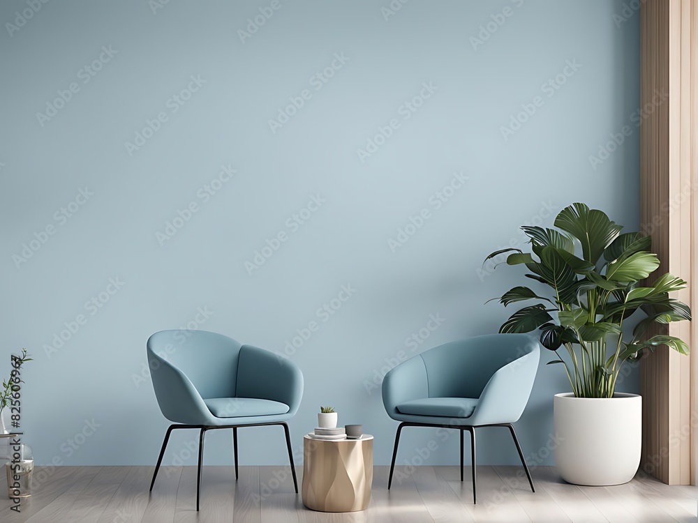 Pastel Light Interior with Sky Blue Walls & Furniture, Modern Reception or Lounge Area Design for Home, Living Room Interior Mockup, 3D Rendering

