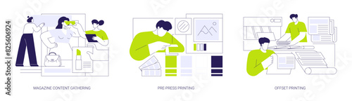 Magazines and newspaper manufacturing abstract concept vector illustrations.