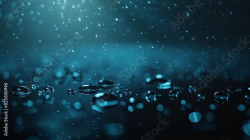Water droplets on a smooth, reflective surface under soft blue lighting, creating a tranquil atmosphere.
