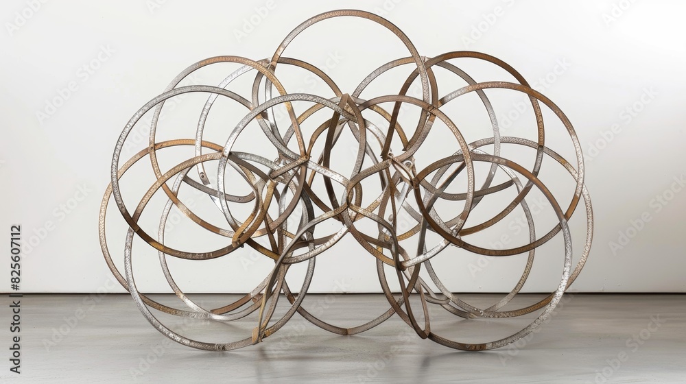 A wire sculpture of eight intersecting circles creating a beautiful and complex octet structure. A wire sculpture of eight intersecting circles creating a beautiful and complex octet structure.