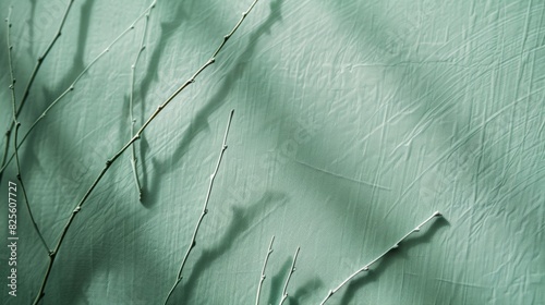Branches casting shadows on a textured green surface creating a relaxing, nature-inspired visual for decor, background with copy space