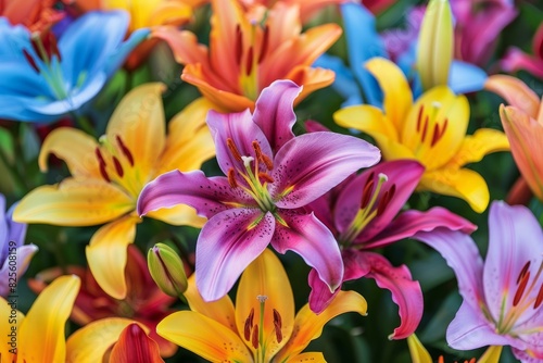 Vibrant lilies in full bloom showcasing a range of colors in a lush garden setting © anatolir