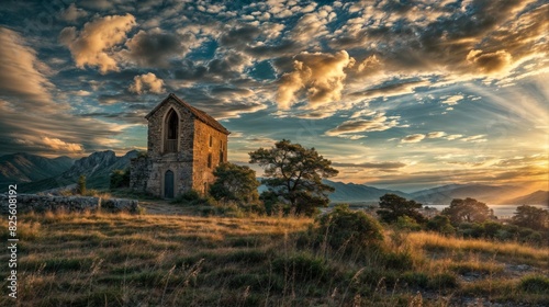 Abandoned church at sunset in the mountains photo