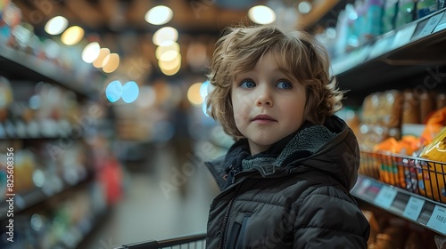 A Young Shoppers Independence A Cinematic Portrait in the Supermarket Aisle