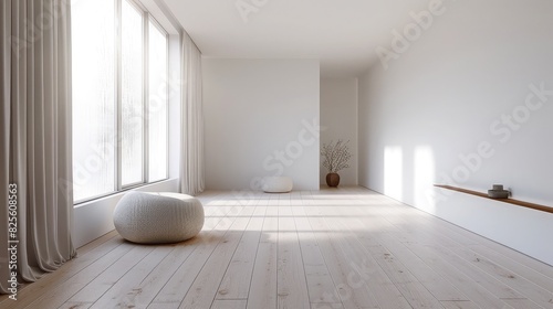 A minimalistic interior with light-colored wooden floorboards, embodying simplicity and serenity.