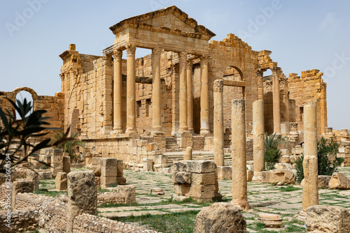 Ancient Roman heritage, remains of ancient majestic capitol forum in city of Sufetula in Tunisia. Architectural monument, historical landmark, Roman Forum of Sbeitla photo