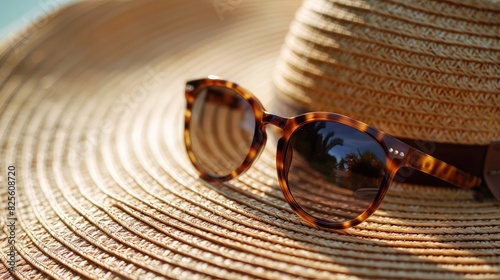 A pair of sunglasses resting on a sunhat, essential accessories for enjoying the bright sunshine of the summer season.