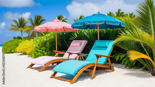 Comfortable beach chairs are placed in an area covered with tropical foliage. a relaxing vacation