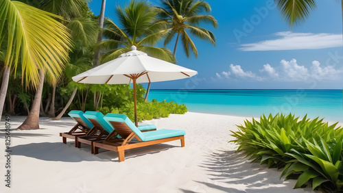 Comfortable beach chairs are placed in an area covered with tropical foliage. a relaxing vacation