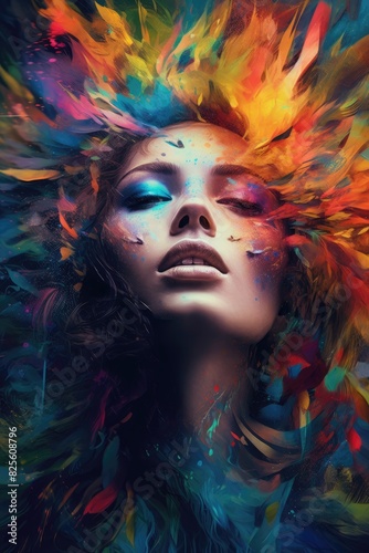 Vertical of surreal portrait with vibrant colors depicting a woman face merging with a cosmic explosion. Portrait of female surrounded with explosion of vibrant color. Psychedelic concept. AIG35.
