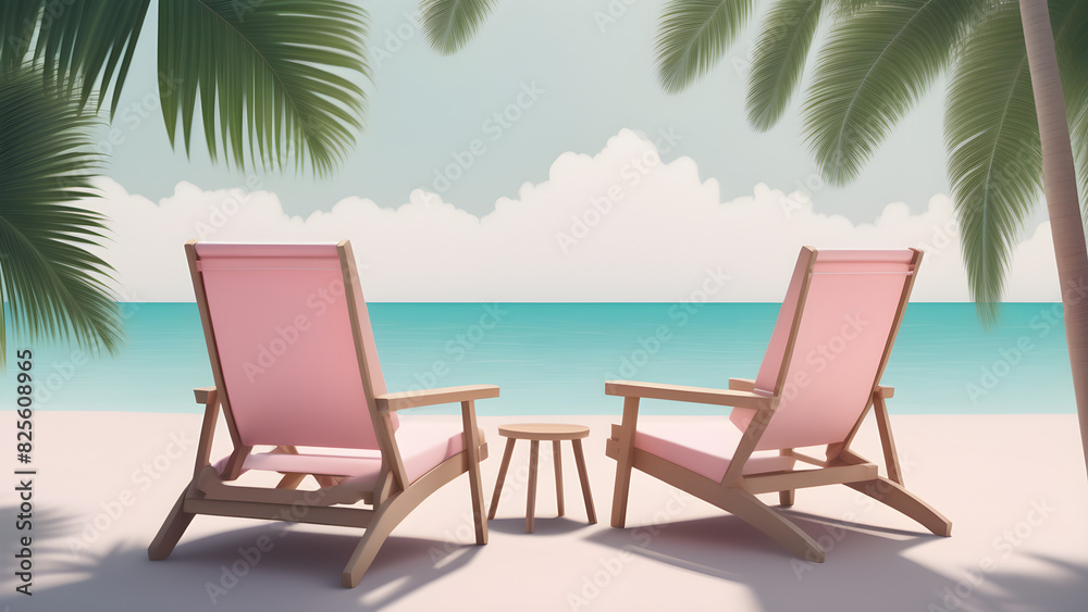 Comfortable beach chairs are placed in an area covered with tropical foliage. a relaxing vacation