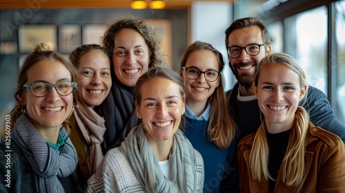 Lifestyle portrait of diverse young people smiling warmly in a cozy conference room, showcasing various cultures. Natural and positive private meeting with a close, intimate composition