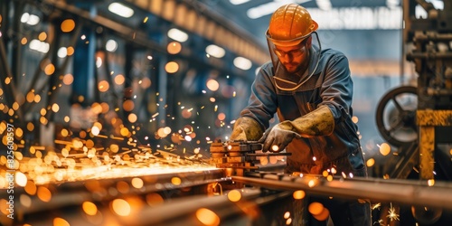 Smart industrial worker working at factory and making a fire spark while wearing safety helmet. Professional engineer fixing and repairing factory machine while wearing safety gear. Industrial. AIG42.