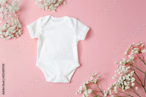 White baby bodysuit on pink background with white flowers.