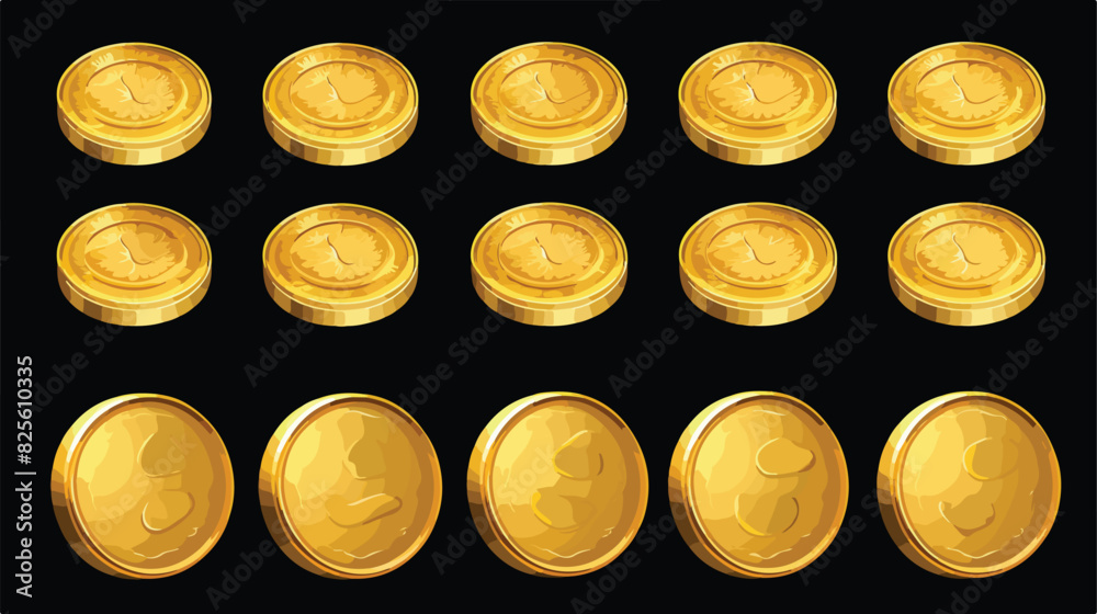 Set of shiny gold coins in various positions sketch