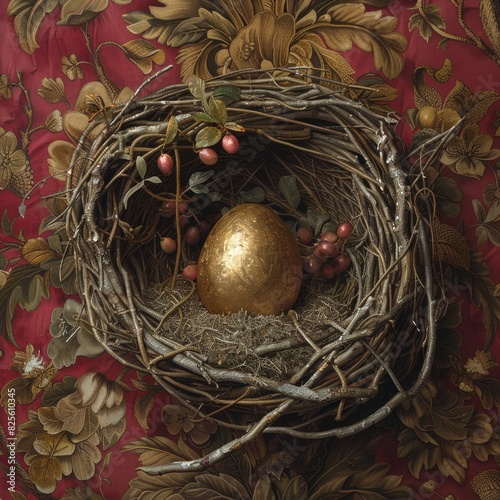 A painting depicting a radiant golden egg nestled snugly in a woven nest  exuding a sense of wonder and treasure.