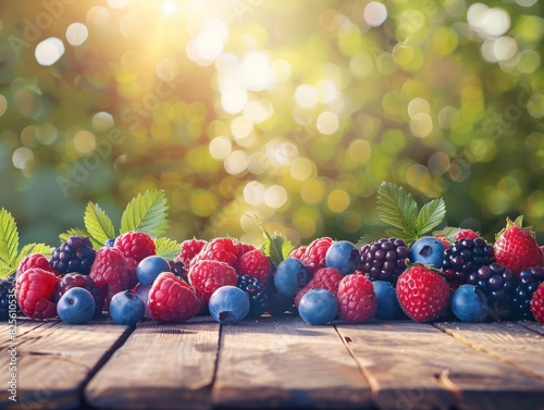 A vibrant assortment of berries on a rustic wooden table with a natural green background  bathed in warm sunlight.