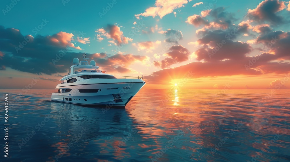 White luxury yacht in the sea at sunset. Luxury motor boat on blue sky background. White luxury yacht in the sea at sunset. Luxury motor boat on blue sky background.