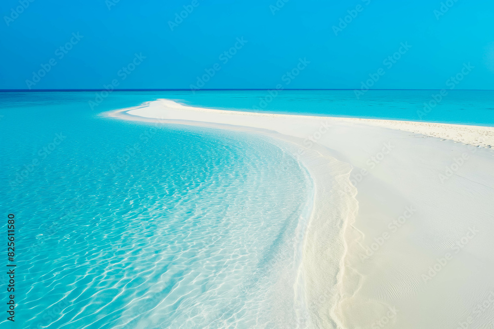 A serene beach scene with powdery white sand and turquoise waters stretching to the horizon, inviting relaxation and escape. A serene beach scene with powdery white sand and turquoise waters stretching to the horizon, inviting relaxation and escape.