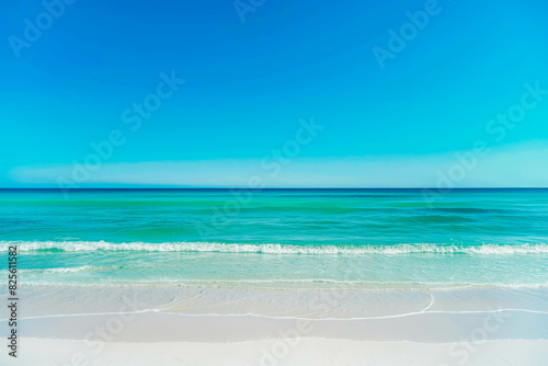 A serene beach scene with powdery white sand and turquoise waters stretching to the horizon, inviting relaxation and escape.