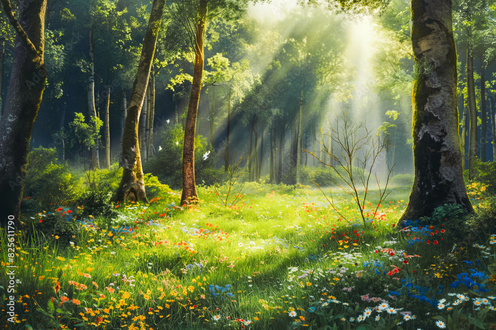 A tranquil forest glade with sunlight filtering through the trees and illuminating a carpet of wildflowers.